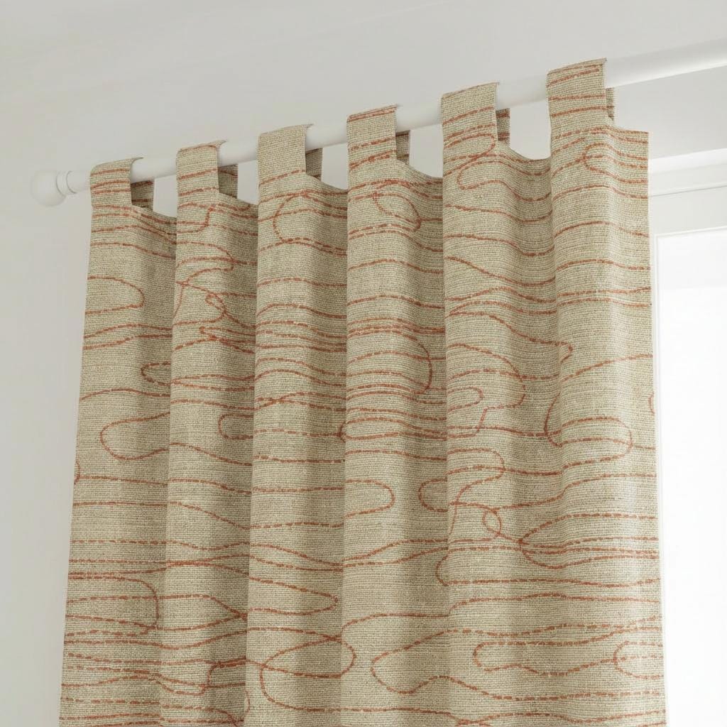 Abstract Line Linen Curtain, Beige Neutral Drapes with Rust Contour Design, Custom Made Modern Window Curtain