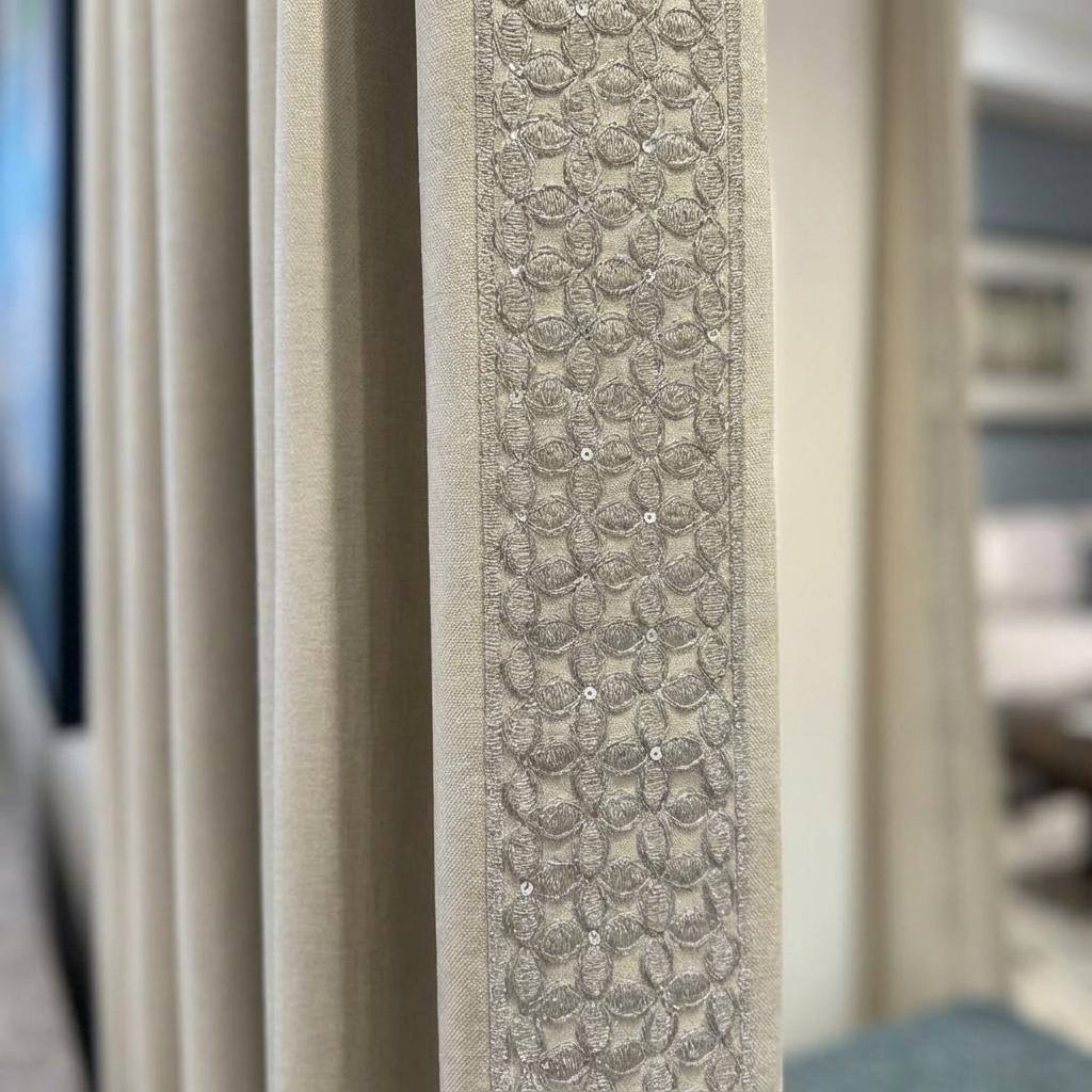 Silver Embroidered Sequin Trim – Beige Geometric Lace Border, by the Yard