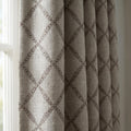 Gray Geometric Trellis Embroidered Curtains, Custom Oatmeal Linen Window Drapes, Modern Farmhouse & Transitional Style Luxury Panels