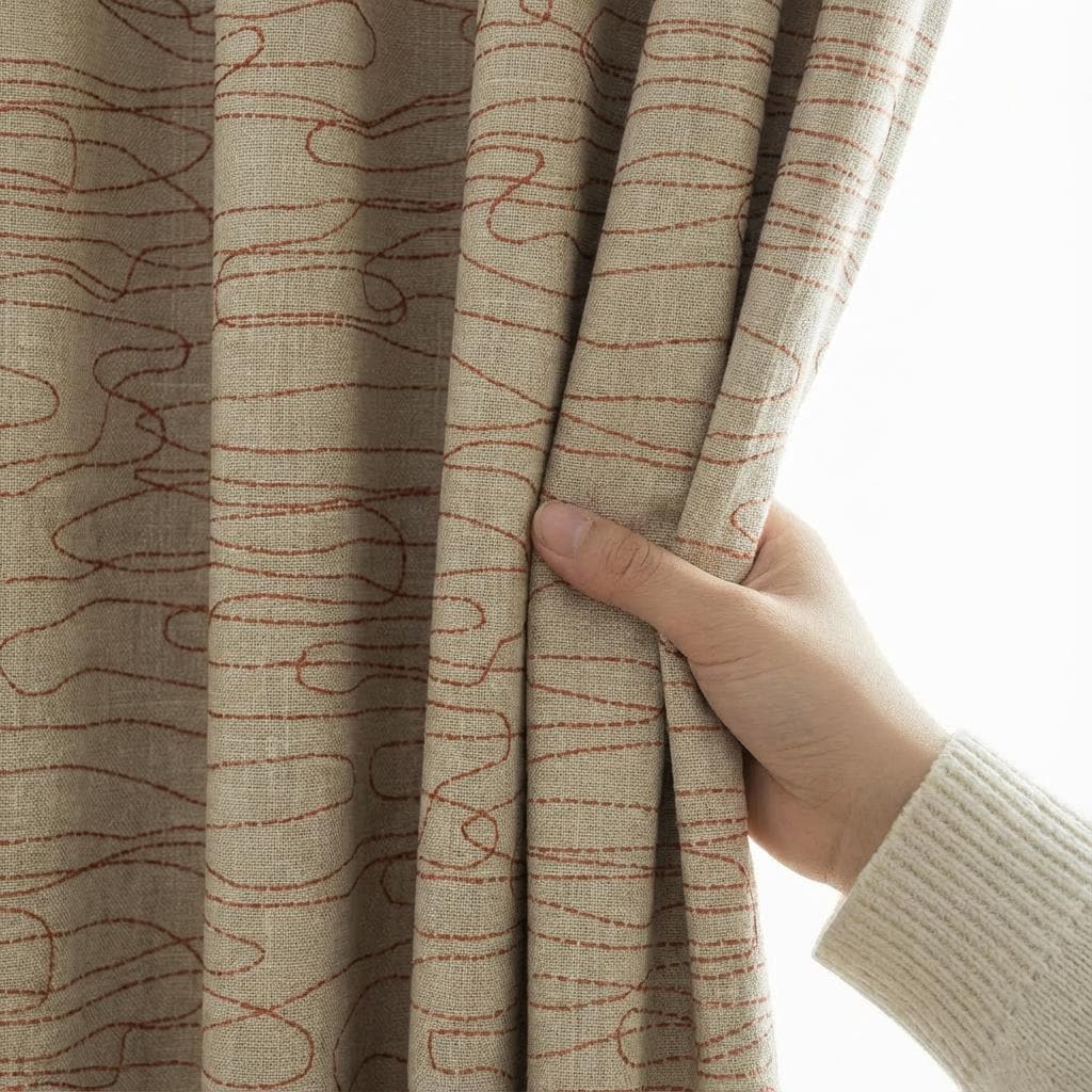 Abstract Line Linen Curtain, Beige Neutral Drapes with Rust Contour Design, Custom Made Modern Window Curtain