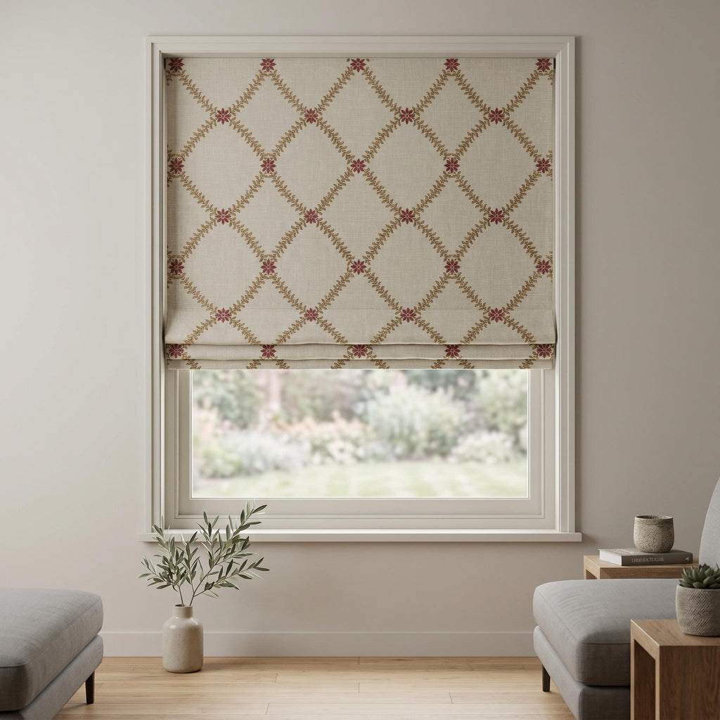 Beige Embroidered Roman Shade, Floral Vine Roman Blind, Custom Linen Look Window Shade, Farmhouse Privacy Window Covering