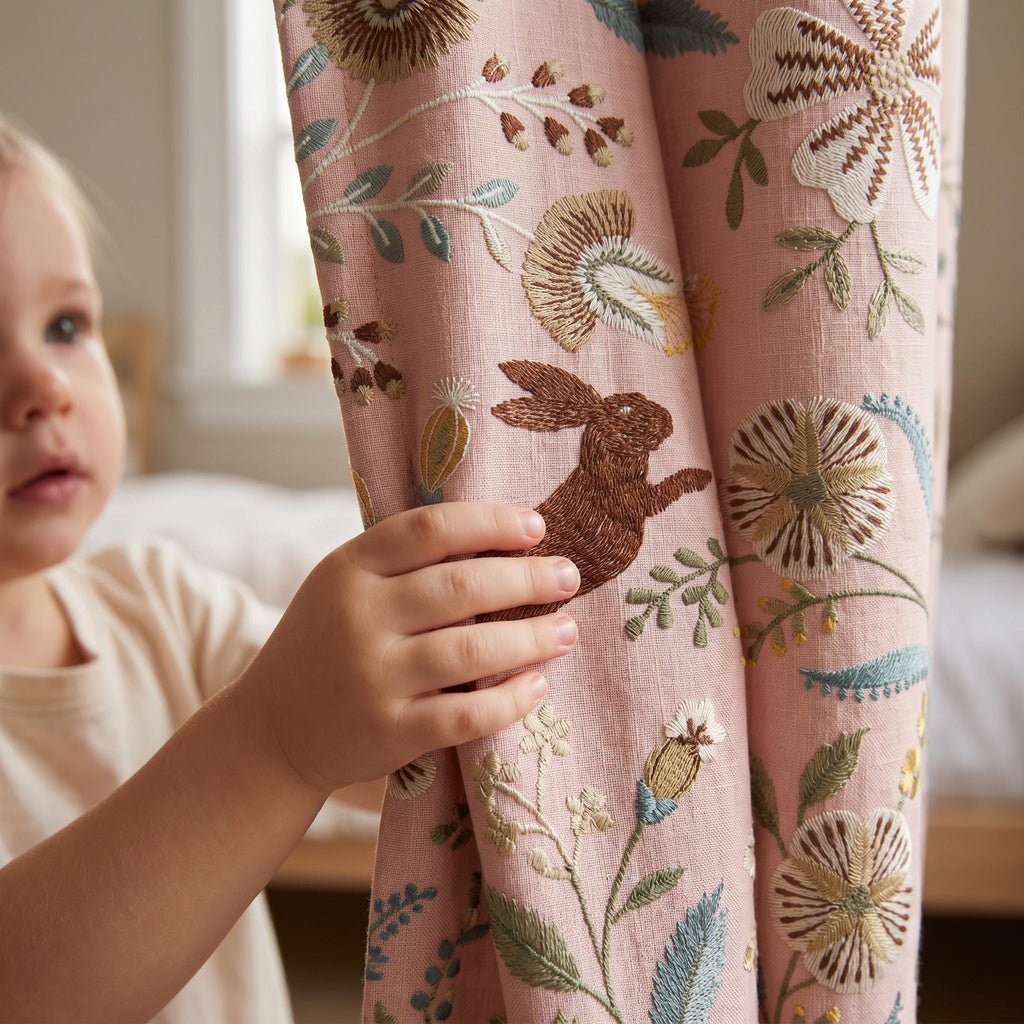 Embroidered Woodland Custom Blackout Curtains – Bunny Floral Nursery Drapes, Linen Blend Panels