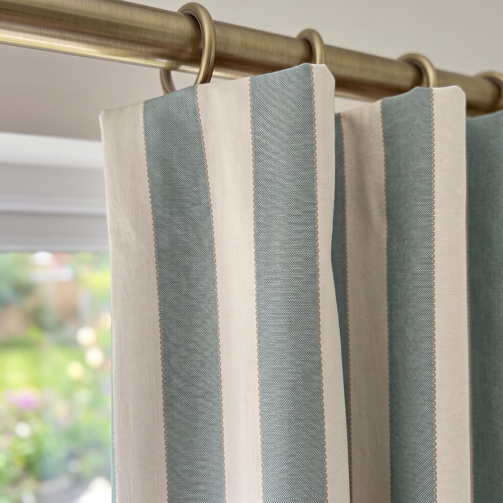 Sage Green & Cream Striped Curtains, Raised Stitch Embroidered Drapes, Custom Linen Cotton Window Treatments, Farmhouse - Coastal Drapery