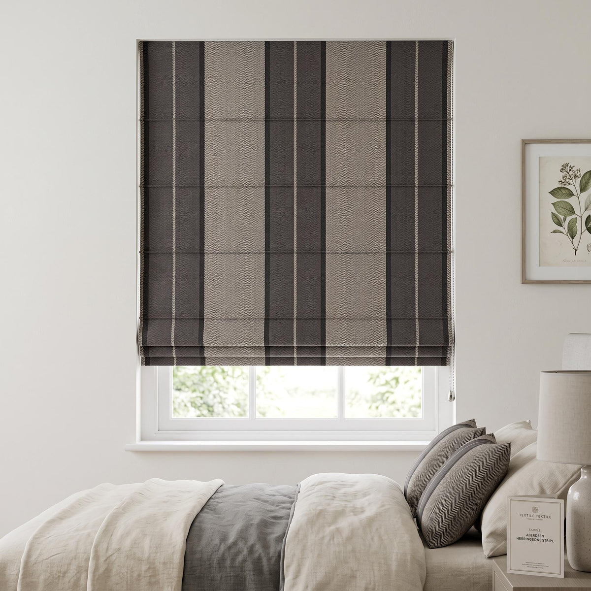 Black Charcoal Ivory Cotton Roman Shade, Striped Roman Blind, Custom Window Shade, Neutral Roman Shade, Herringbone Cotton Window Treatment