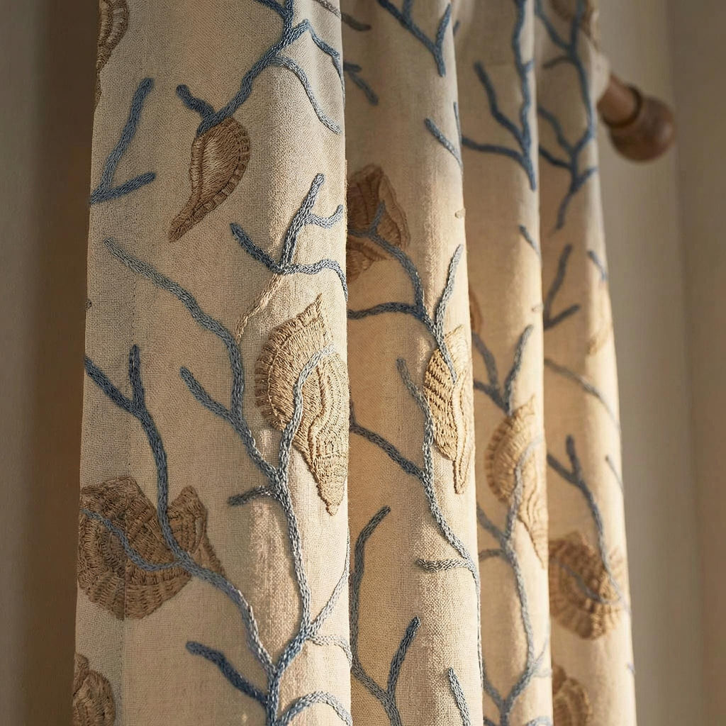 Embroidered Seashell Nursery Curtain ,Whimsical Leaf Embroidery Curtain, Cozy Kids Room Drapery