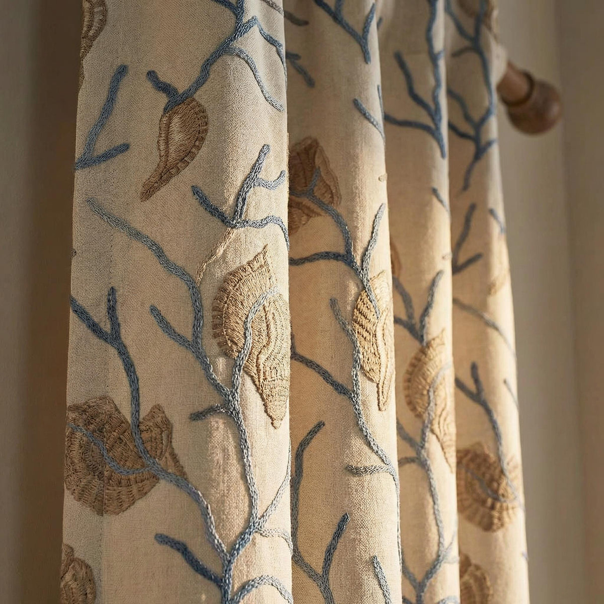 Embroidered Seashell Nursery Curtain ,Whimsical Leaf Embroidery Curtain, Cozy Kids Room Drapery