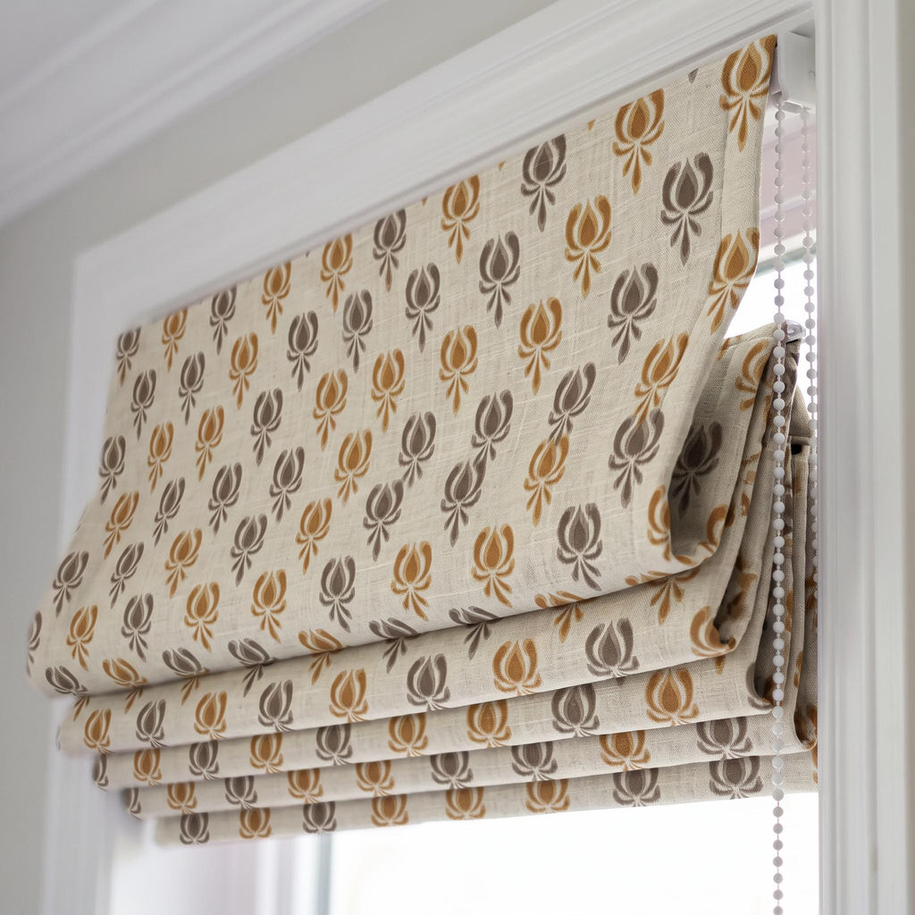 Neutral Floral Woven Linen Roman Shade, Mustard Beige Tulip Window Blind, Earthy Botanical Pattern Shade, Blackout or Light Filter