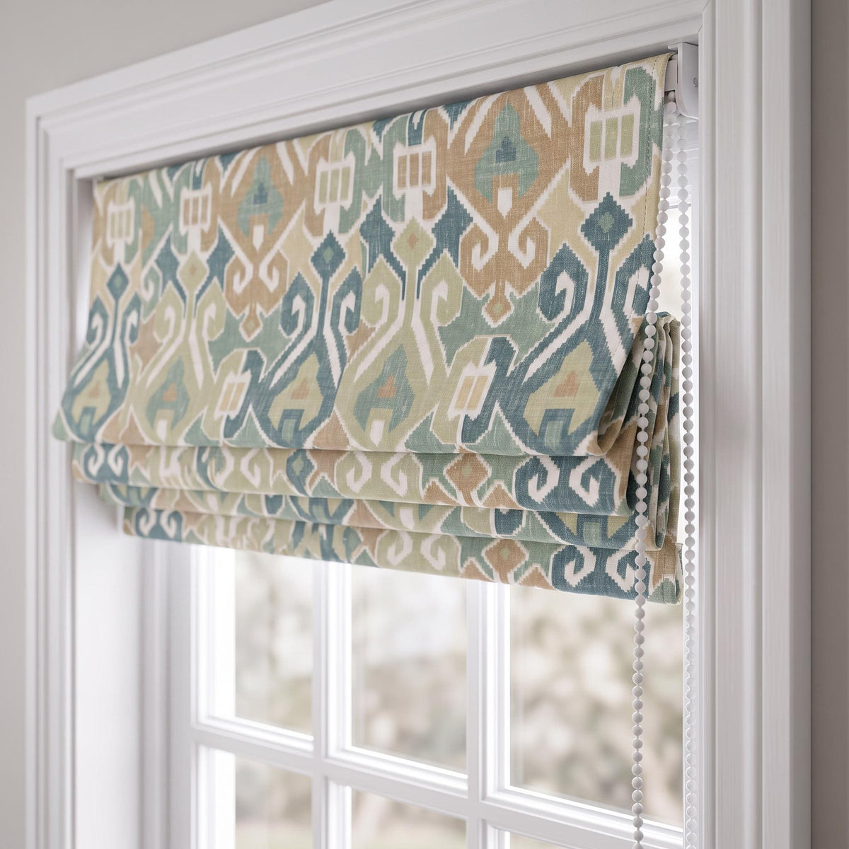 Green Blue Geometric Roman Shade, Custom Upholstery Fabric Window Blind, Boho Roman Blind, Made to Measure Window Treatment