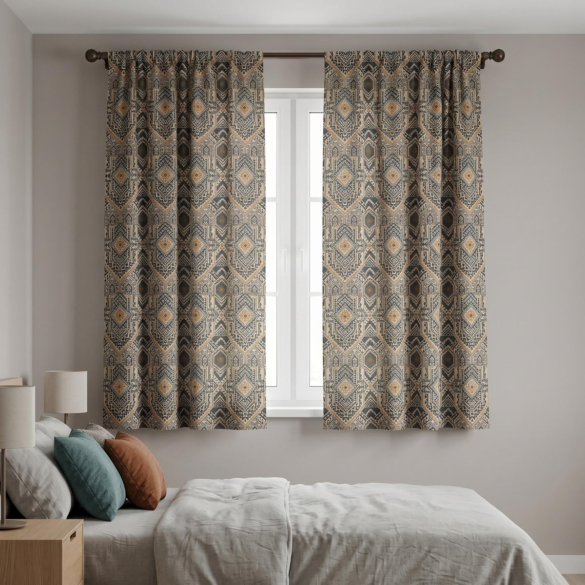 Southwestern Geometric Curtains, Earth Tone Aztec Drapes, Boho Tribal Window Panels, Rustic Linen Look Custom Curtains