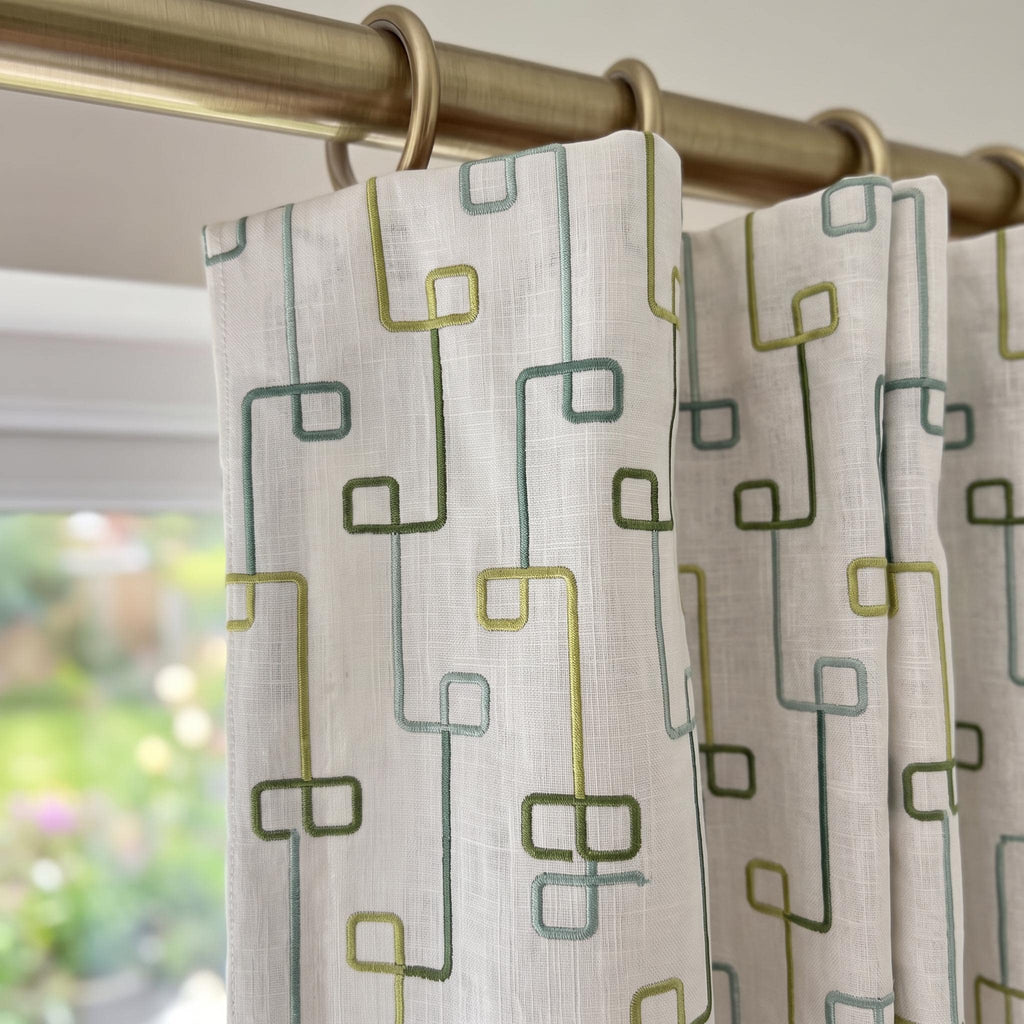 Modern Geometric Embroidered Curtains, Mid Century Linen Look Drapes, Green Blue Window Panels, Custom Farmhouse Curtains