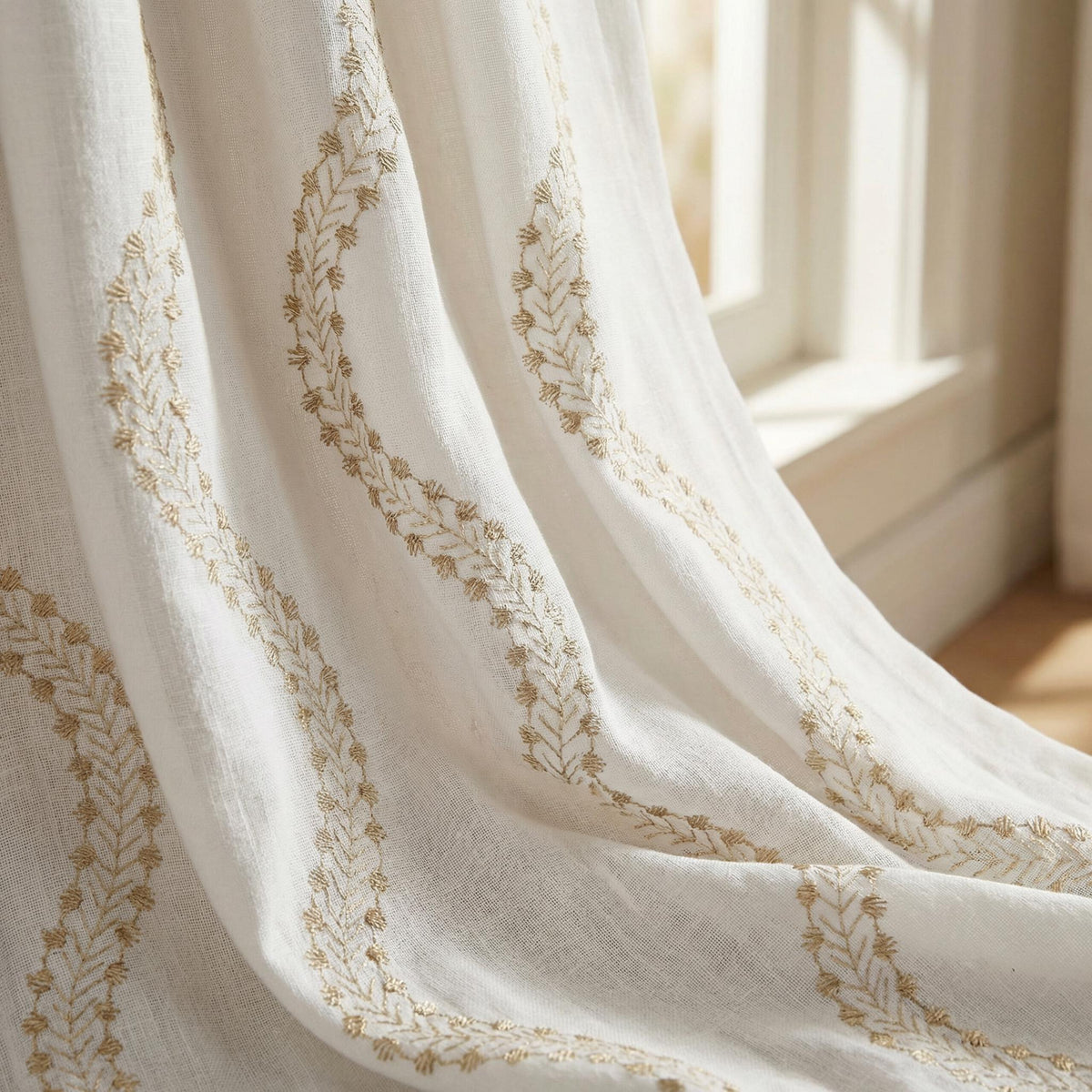 Sheer Embroidered Curtains, Neutral Floral Vine Window Panels, Light Filtering Linen Look Custom Drapes