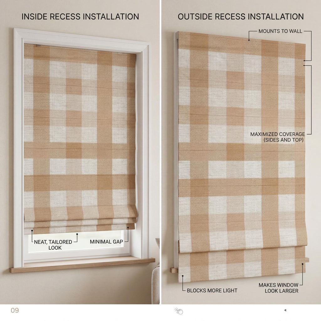 Beige Gingham Roman Shade, Custom Farmhouse Window Blinds, Checkered Neutral Treatment