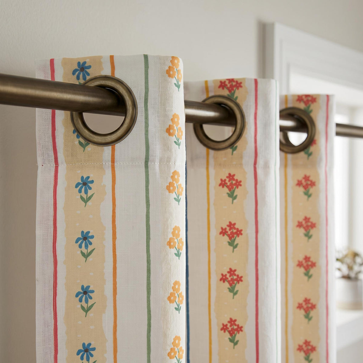 Kids Room Floral Curtains, Colorful Stripe Cotton Curtains, OEKO TEX Nursery Curtains, White Floral Window Drapes, Custom Curtain Panel