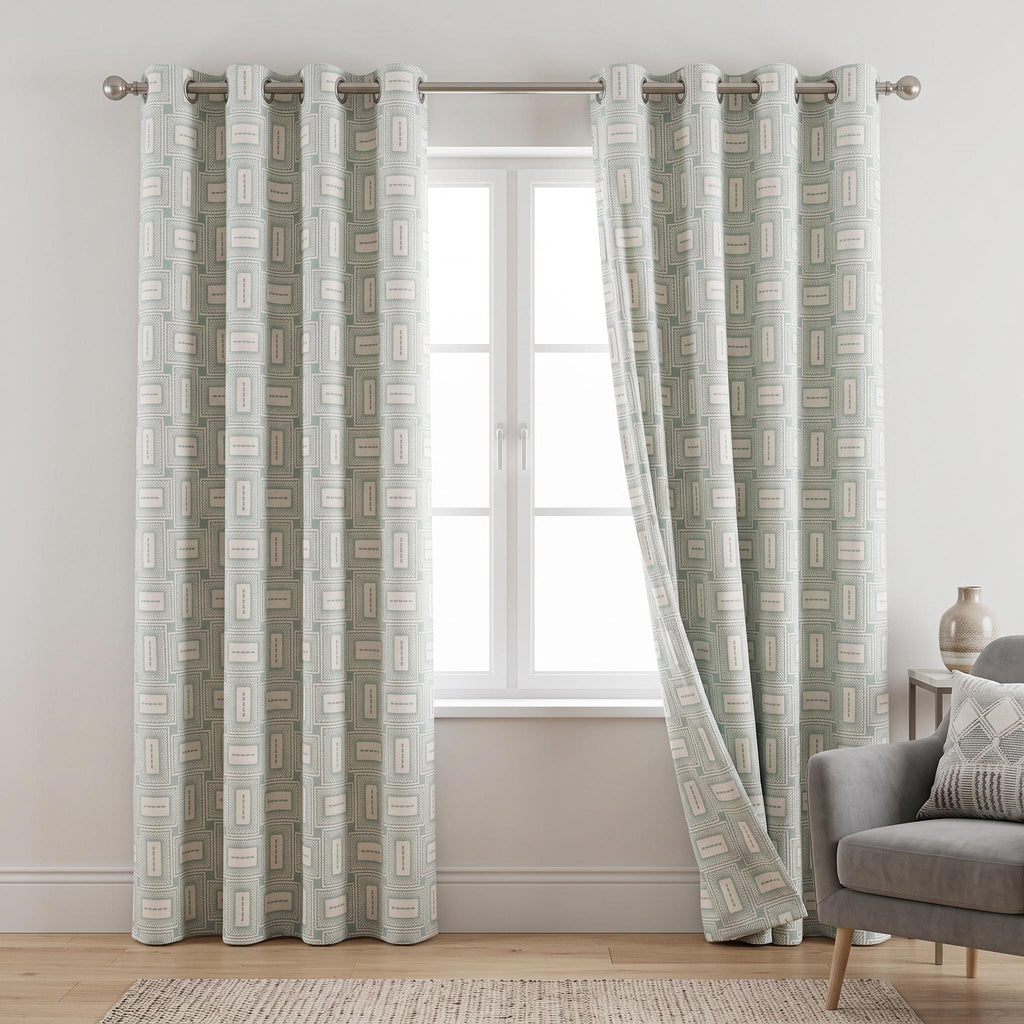 Custom Embroidered Block Pattern Curtain Panel – Textured Woven Soft Blue & Ivory Contemporary Drapes