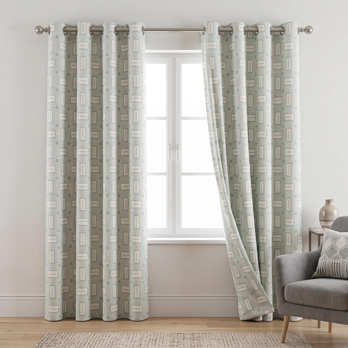 Custom Embroidered Block Pattern Curtain Panel – Textured Woven Soft Blue & Ivory Contemporary Drapes