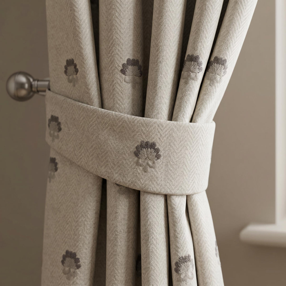Beige Embroidered Drapes | Textured Floral Curtains | Scandinavian Window Panel