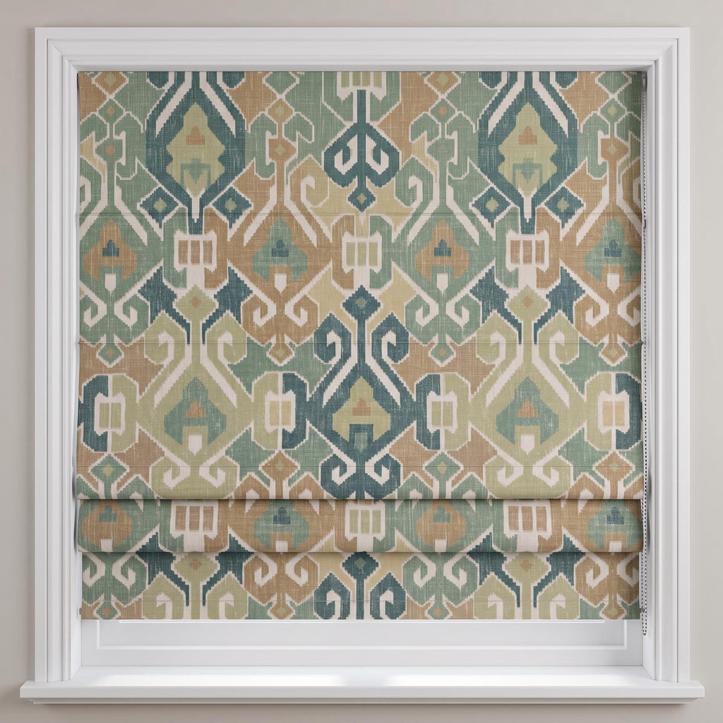 Green Blue Geometric Roman Shade, Custom Upholstery Fabric Window Blind, Boho Roman Blind, Made to Measure Window Treatment