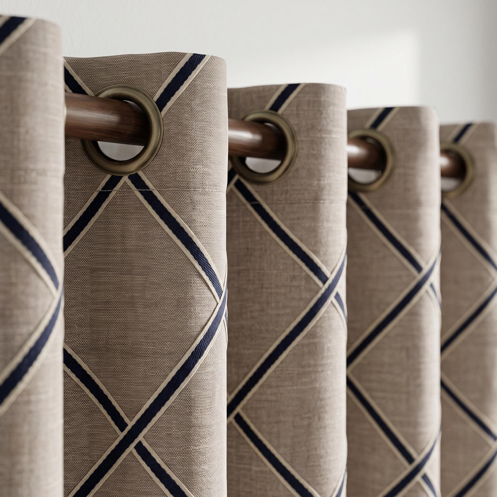 Geometric Embroidered Curtains, Navy Blue Beige Drapes, Custom Window Panels, Modern Farmhouse Curtains