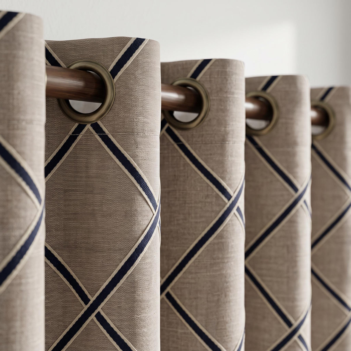 Geometric Embroidered Curtains, Navy Blue Beige Drapes, Custom Window Panels, Modern Farmhouse Curtains