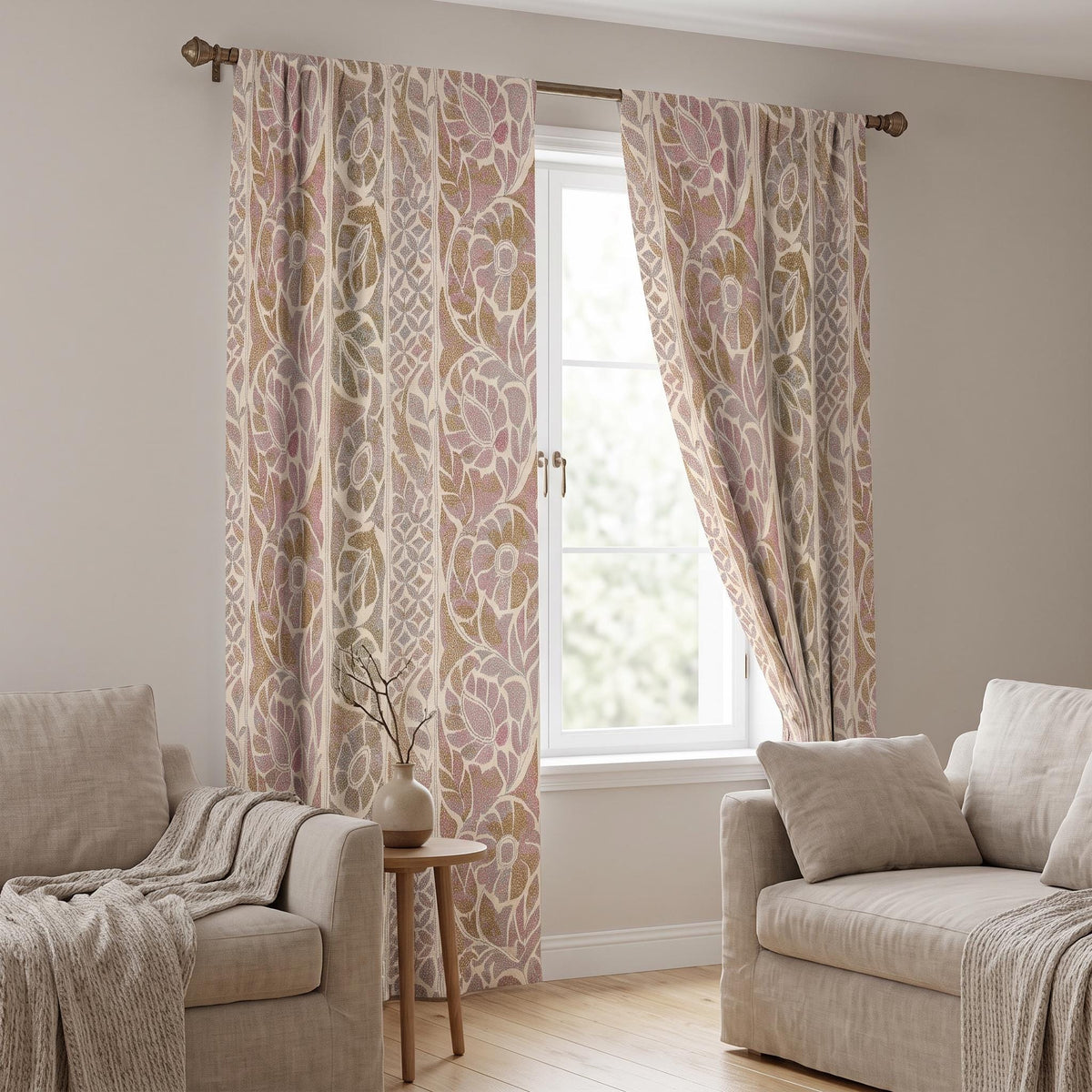 Botanical Floral Cotton Linen Curtains – Muted Mauve, Taupe Textured Drapes – Vintage Elegance Bedroom and Living Room Window Panels