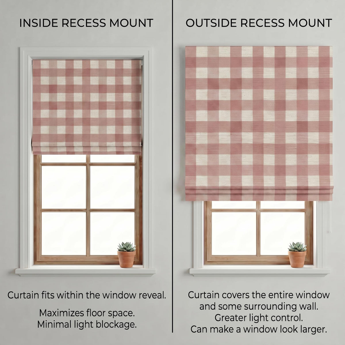 Pink Gingham Roman Shade, Custom Check Roman Blind, Blush Pink Window Shade, Farmhouse Cottage Kitchen Curtain, Linen Look Roman Curtain