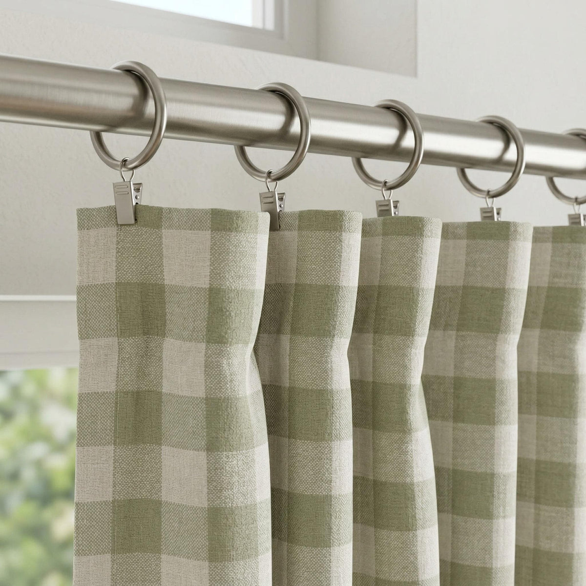 Sage Green Gingham Curtains | Farmhouse Check Drapes | Rod Pocket, Back Tab, Clip Rings, Grommet Curtain Panels | Custom Window Curtains