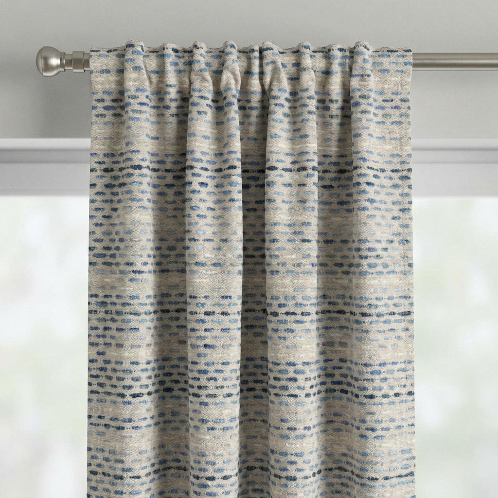 Textured Blue Stripe Curtains, Linen Look Light Filtering Drapes, Woven Dot Fabric Window Panels, Custom Size Curtains