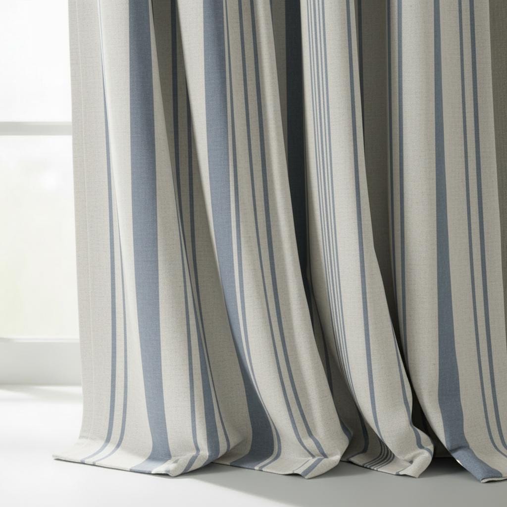 Blue Striped Cotton Linen Look Curtains, Vertical Stripe Drapes, Light Filtering Window Curtains, Custom Size Panels