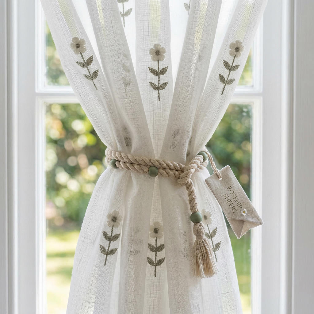 Embroidered Floral Sheer Curtains, Cottage Farmhouse Window Panels