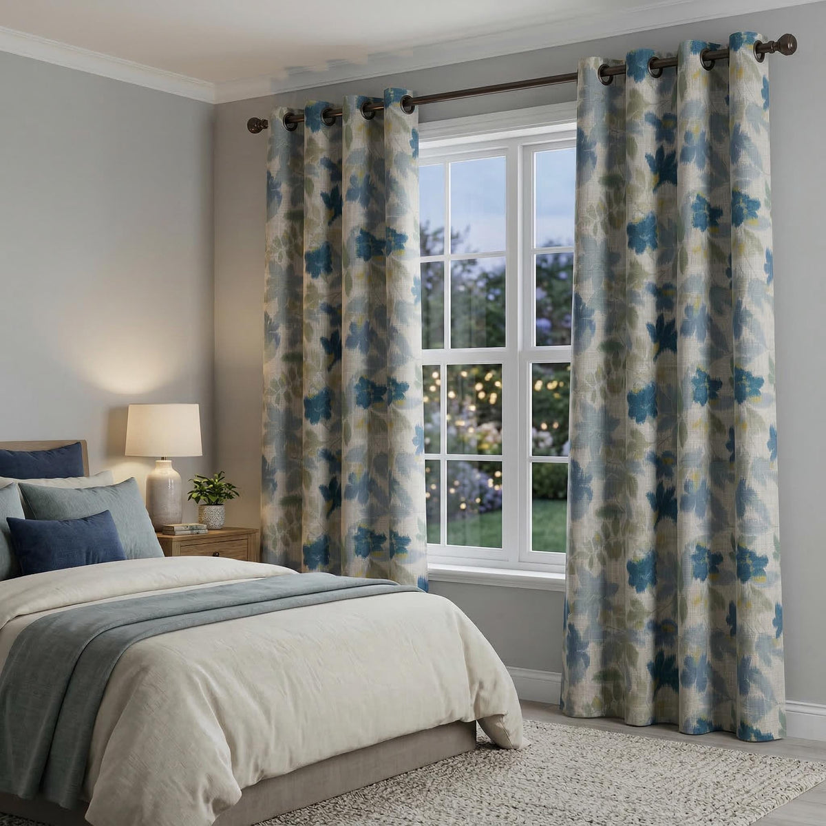 Blue Green Floral Curtain Panel, Botanical Linen Drapes, Custom Size Window Covering