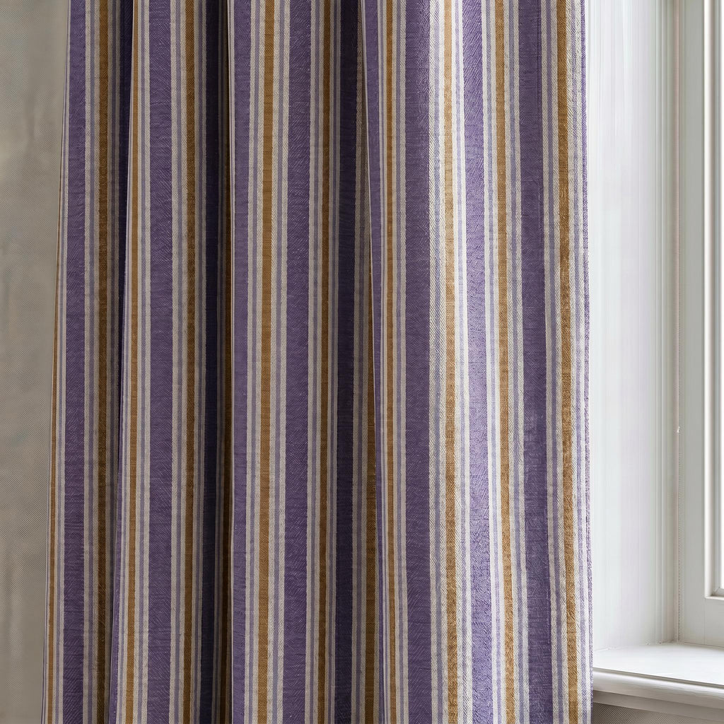 Purple Striped Curtains, Lavender Cotton Linen Drapes, OEKO TEX Curtain Panels, Brown Ivory Stripe Curtains, Custom Window Drapes