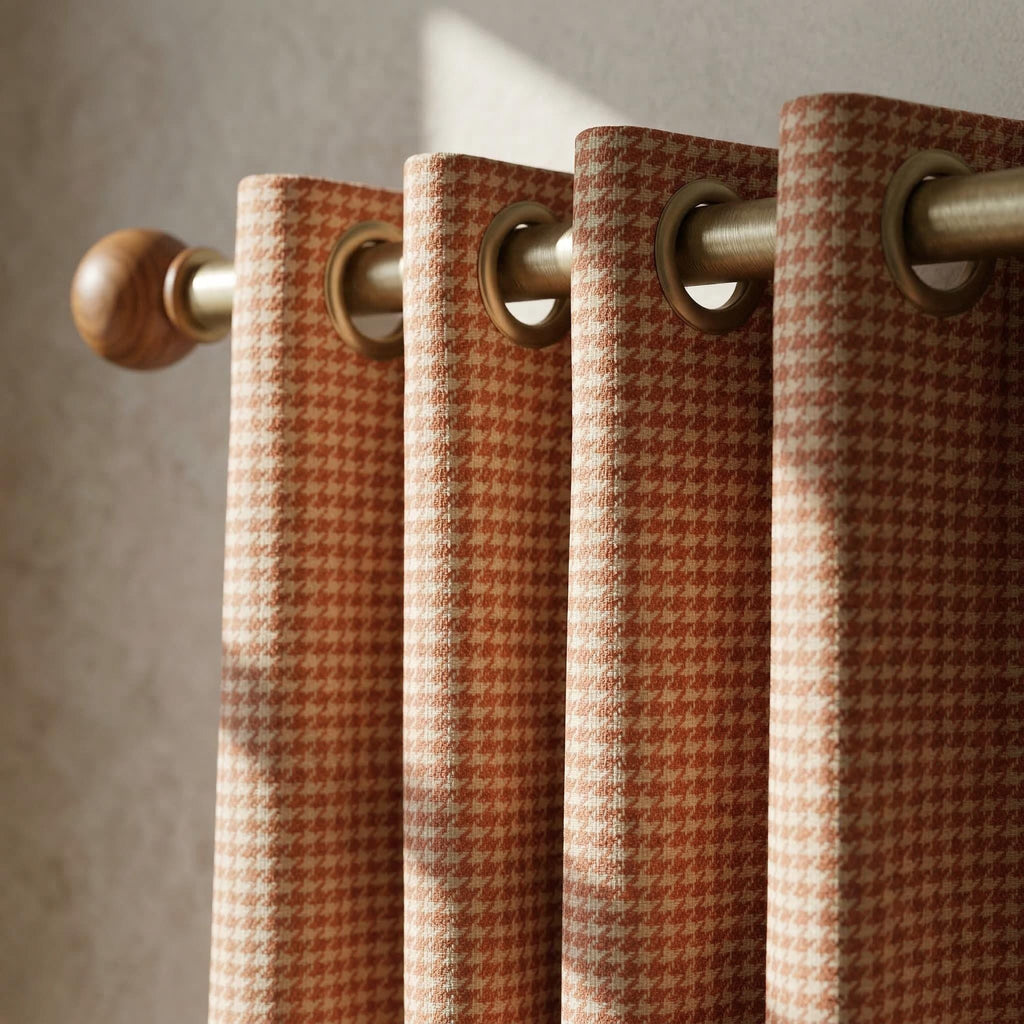 Terracotta Houndstooth Curtains, Rust Pattern Drapes, Custom Window Panels, Farmhouse Curtains, 4 Header Style Options Available