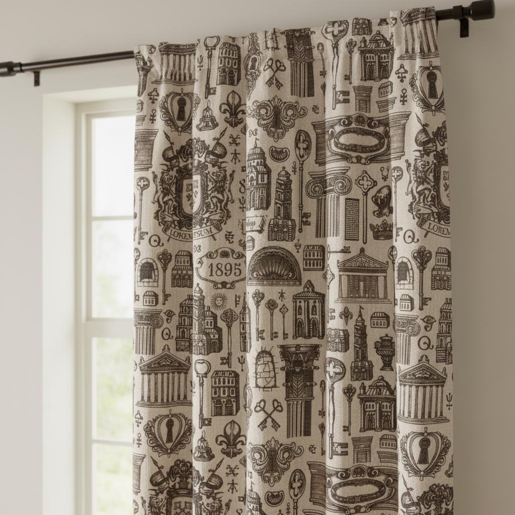 Vintage Print Window Curtains, Beige Architectural Pattern Drapes, Custom Size Panels