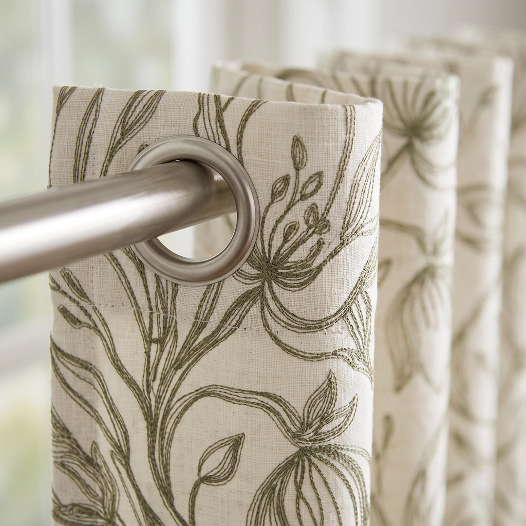 Custom Embroidered Floral Curtains, Olive Green Botanical Line Art Drapes, White Linen Look Window Treatments, Custom Sizes & Header Styles