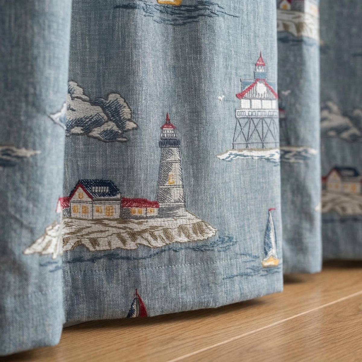 Coastal Lighthouse Printed Curtains, Nautical Blue Drapes, Beach House Window Panels, Ocean Theme Curtains, Custom Size Curtains
