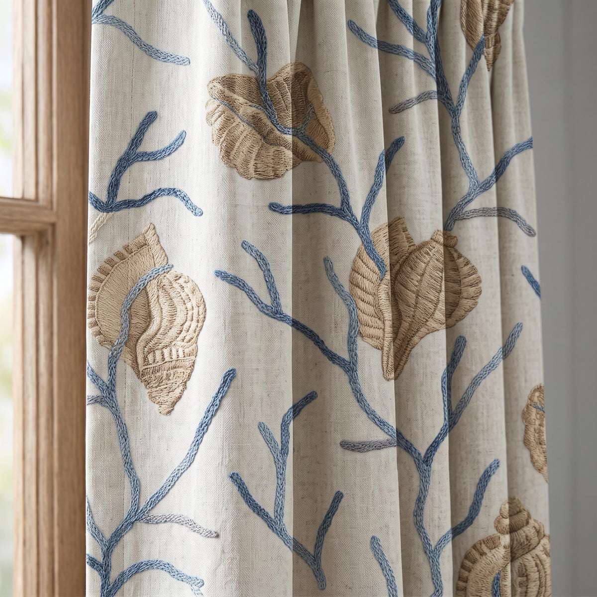 Embroidered Seashell Nursery Curtain ,Whimsical Leaf Embroidery Curtain, Cozy Kids Room Drapery