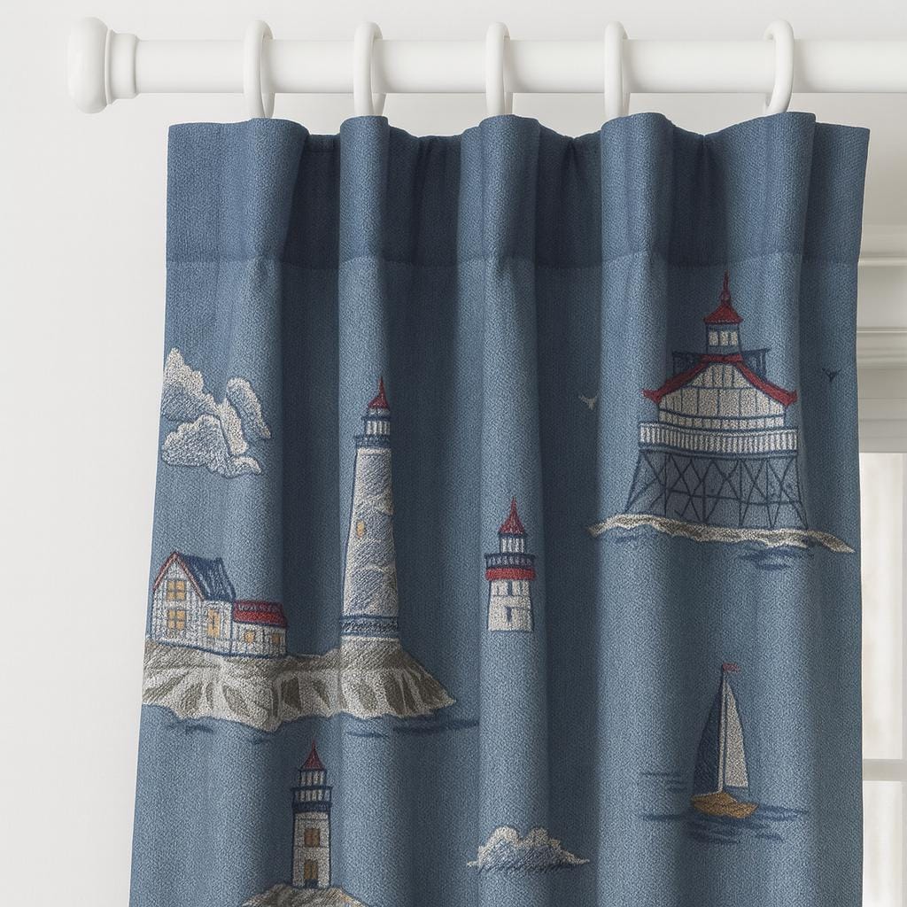 Best-Selling USA Lighthouse Curtains | Nautical Embroidered Drapes | Custom Blackout or Cotton Lined Panels