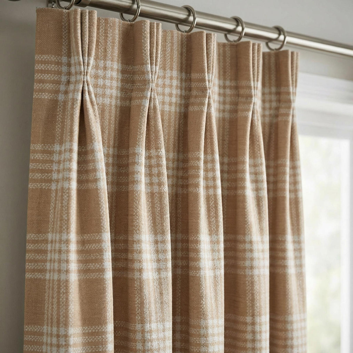 Orange Beige Plaid Pinch Pleat Curtains | Farmhouse Cottage Decor