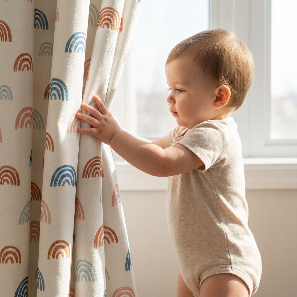 Rainbow Nursery Curtains | Kids Room Linen Look Drapes | 50 or 100 Inch Wide | Light Filtering or Blackout | Custom Length