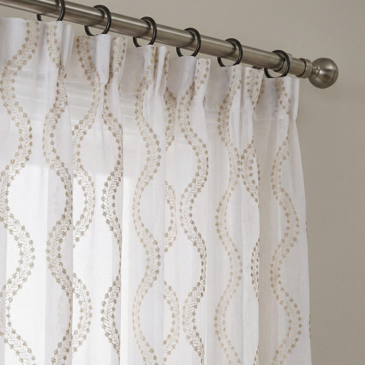 Sheer Embroidered Curtains, Neutral Floral Vine Window Panels, Light Filtering Linen Look Custom Drapes