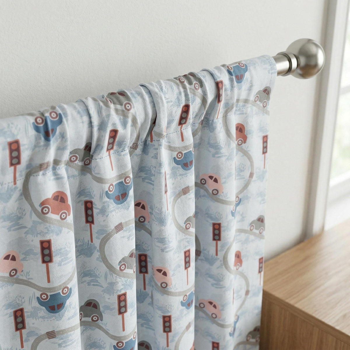 Kids Car Road Curtains | Playful Vehicle Nursery Drapes | Muted Tones Window Panels