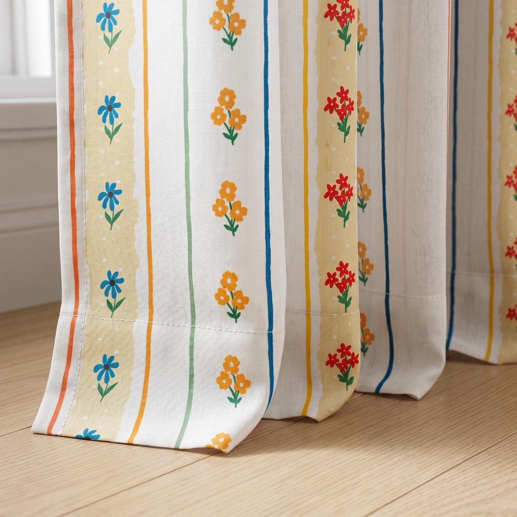 Kids Room Floral Curtains, Colorful Stripe Cotton Curtains, OEKO TEX Nursery Curtains, White Floral Window Drapes, Custom Curtain Panel