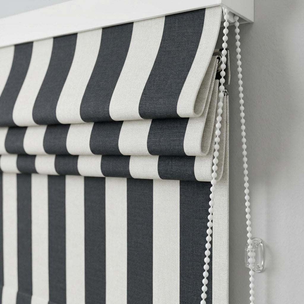 Luxury Striped Roman Shade | Heavy Upholstery Fabric Window Blind | Black White Custom Roman Curtain | Modern Tailored Window Treatment