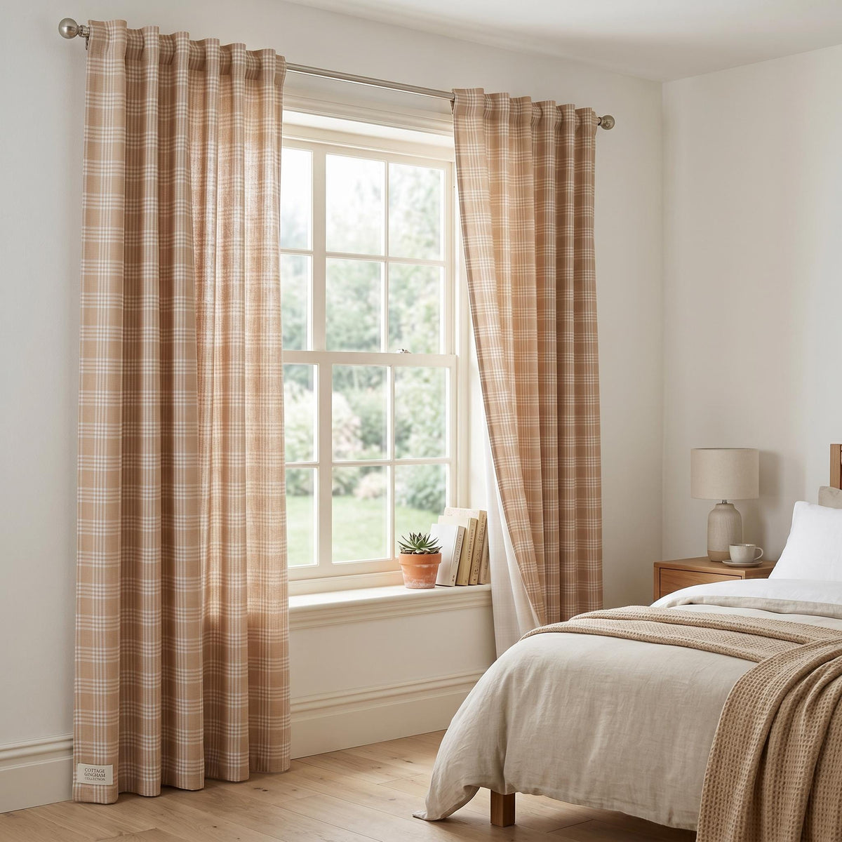 Warm Tan Plaid Curtains, Camel Check Linen Look Curtain Panel, Farmhouse Window Drapes, Custom Rod Pocket Curtains