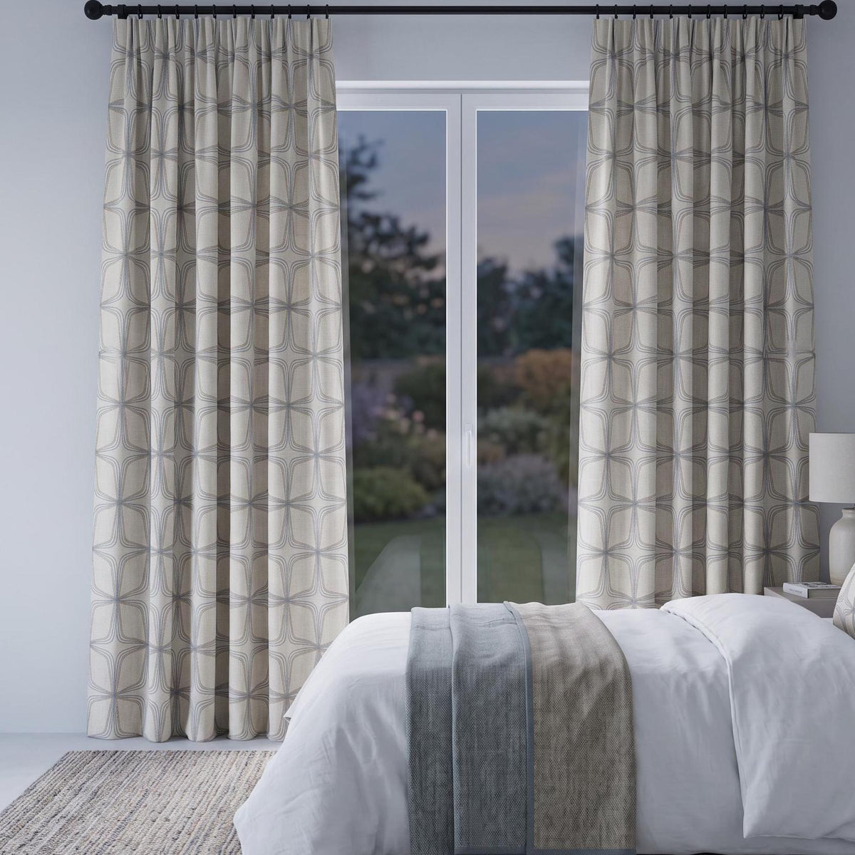 Geometric Embroidered Linen Curtains, OEKO TEX Fabric Drapes, Modern Neutral Window Curtains, Custom Made Curtain Panels