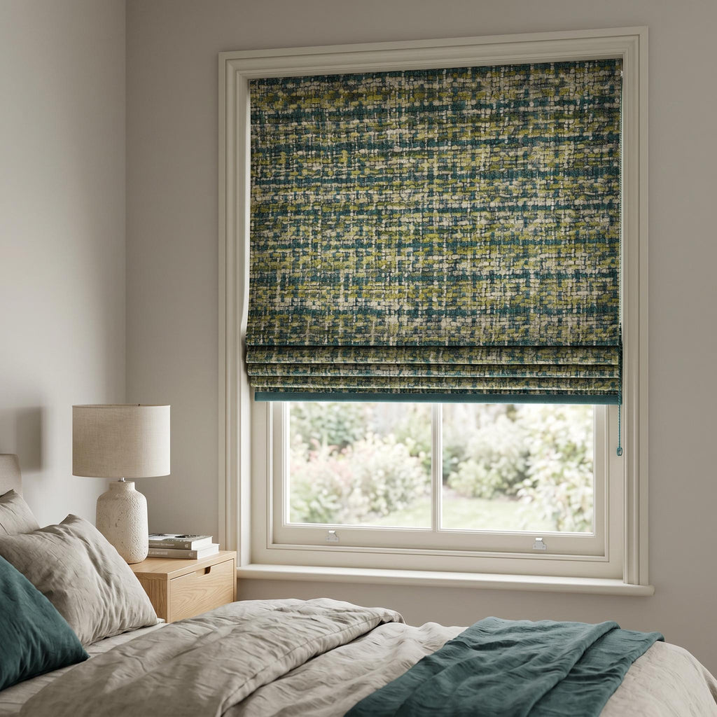 Textured Woven Roman Shade, Green Teal Designer Window Blind, Custom Roman Shade, Modern Upholstery Fabric Shade, Blackout Option