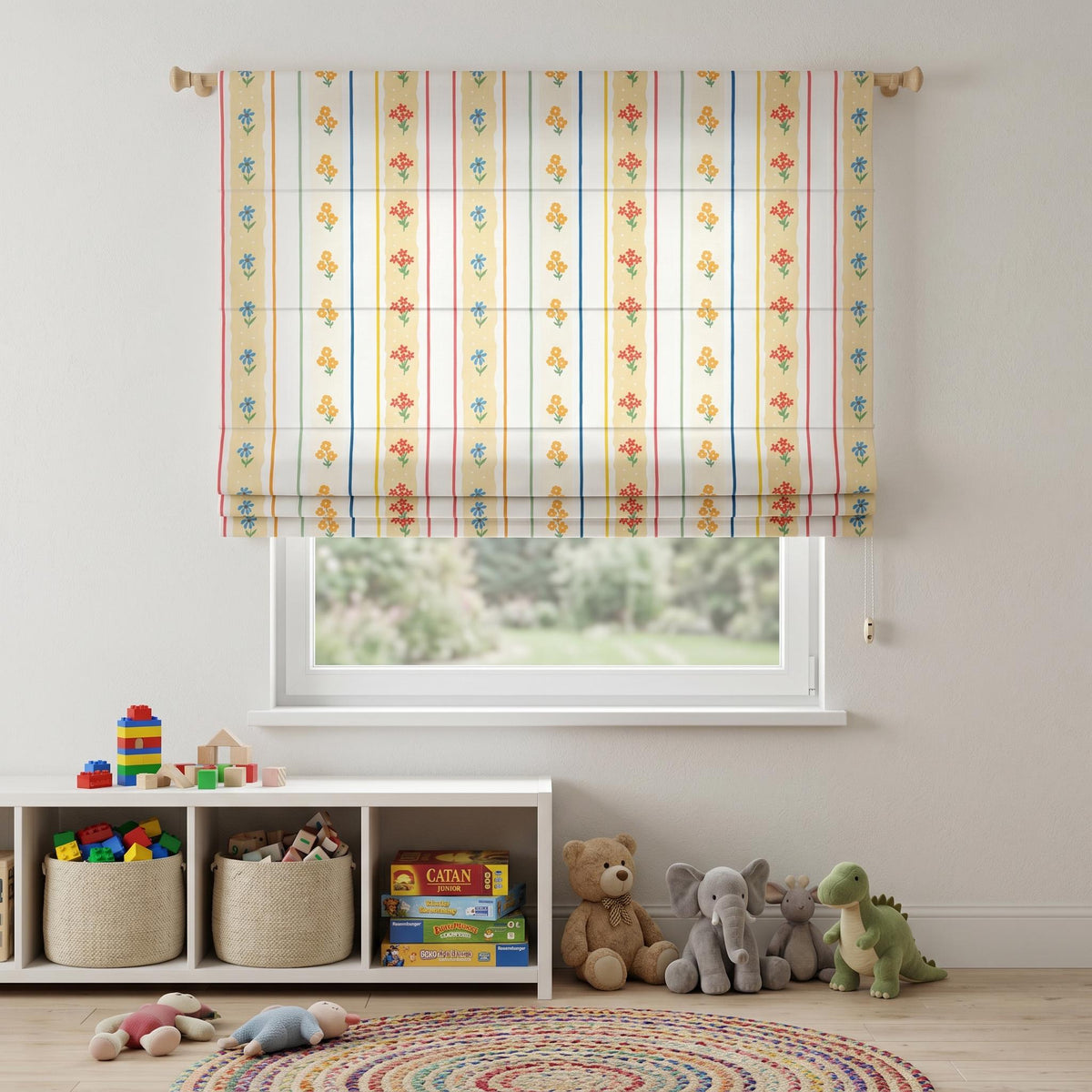 Colorful Floral Stripe Roman Shade, Kids Room Roman Blind, Nursery Window Treatment, Cottage Flower Curtain, Custom Roman Shade