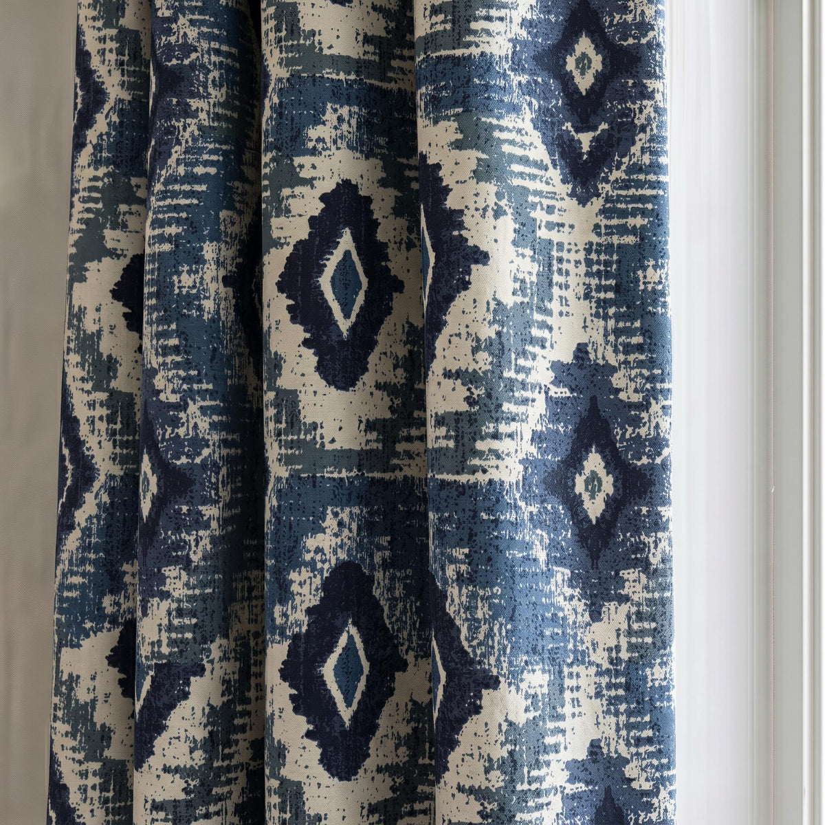 Navy Teal Geometric Curtains, Ikat Pattern Window Drapes, Linen  Custom Curtain Panels, Boho Farmhouse Decor, Blackout Available