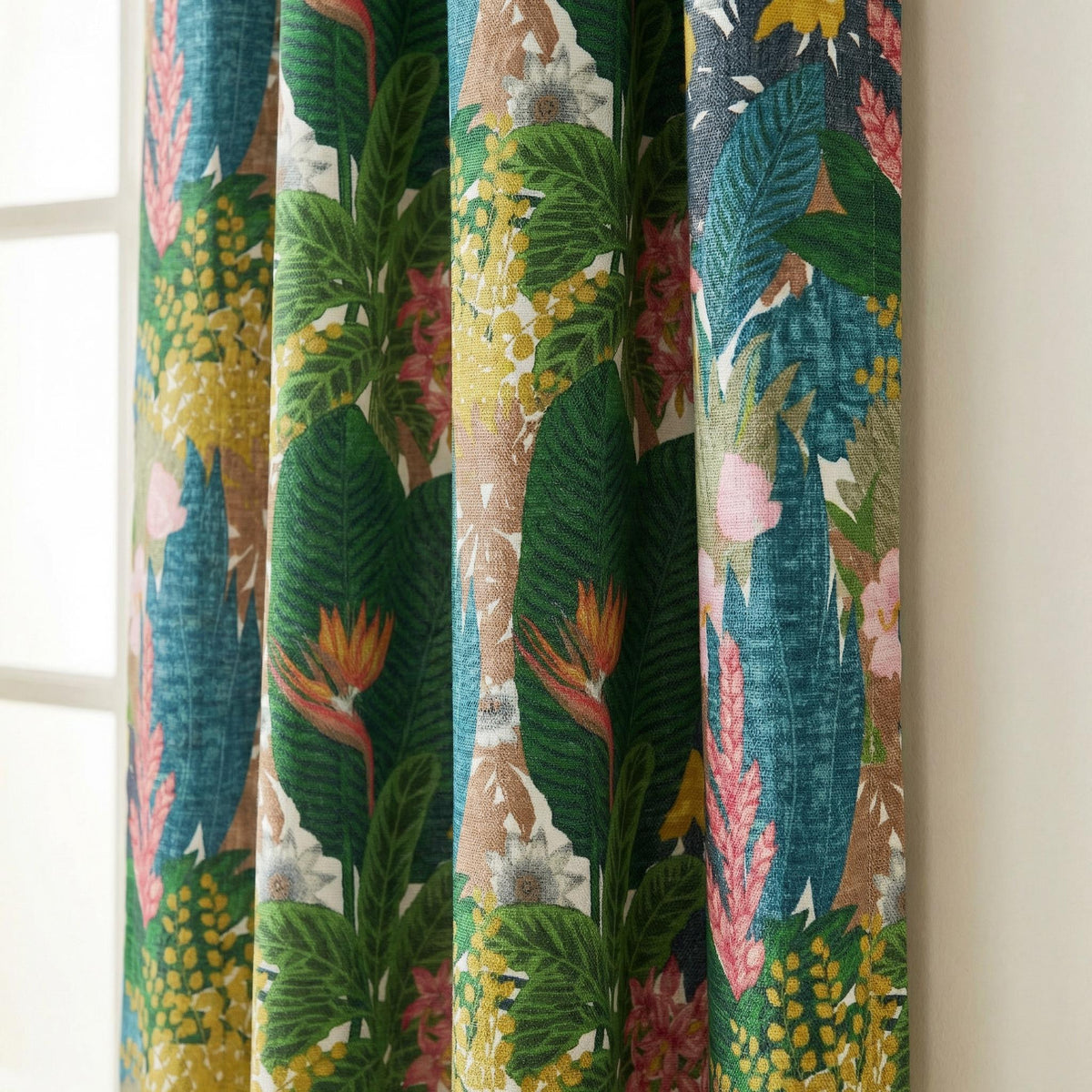 Tropical Botanical Curtains ,Bold Floral Linen Look Drapes , Green Pink Jungle Print – Custom Window Panels ,Living Room Bedroom Decor