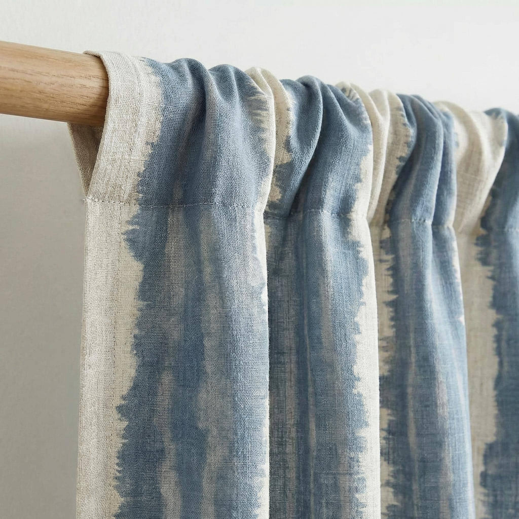 Blue Watercolor Stripe Linen Curtains, Coastal Modern Rod Pocket Drapes
